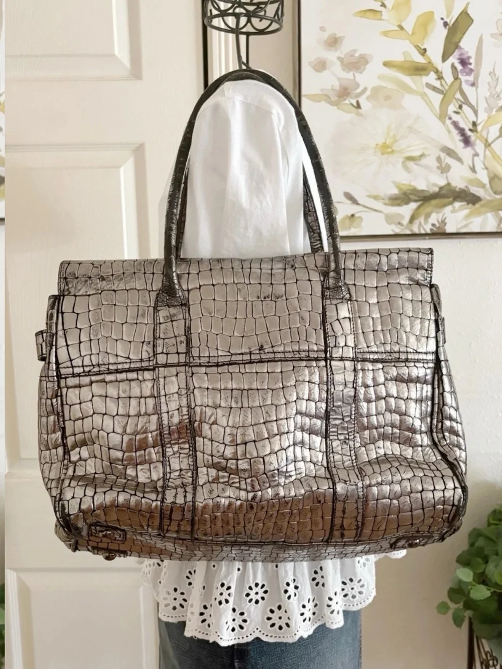 Mulberry Metallic Croc-Embossed Satchel in Silver-Brown